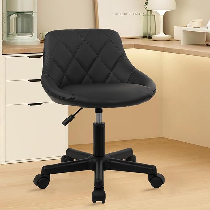 Low Back Rolling Stool PU Leather Vanity Stools, Adjustable Height Ergonomic Swivel Rolling Desk Stool Work Office Swivel Chair, Makeup Salon Spa Stools, Black, 1 Pack