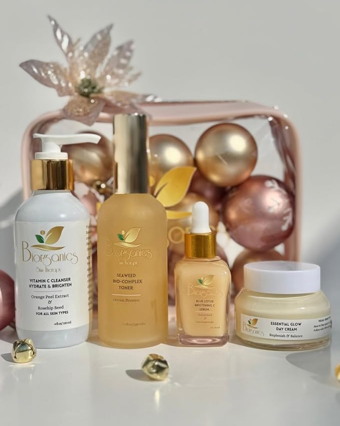 Morning Radiance Set, Face Care Kit with Vitamin C Cleanser, Seaweed Toner, Blue Lotus Brightening Serum, SPF 50 Sunscreen, Headband, for All Skin Types