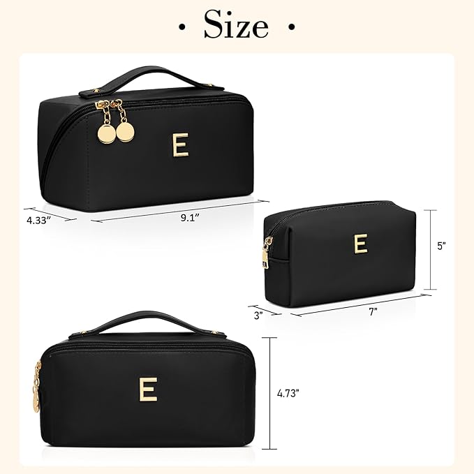 Birthday Gifts for Women Teen Girl, Personalized Initial Makeup Organizer Bag Set, Open Flat Travel Cosmetic Bag With Clear Divider and Handle(Black,E)