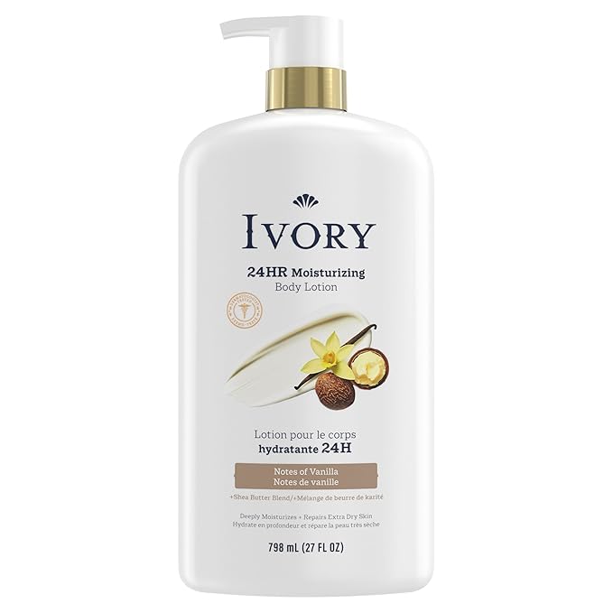 Ivory Hand & Body Lotion, 24hr Moisturizing, Repairs Extra Dry Skin, All Day Hydration, Lightweight Formula, Absorbs Instantly, Perfect for Daily Use, Shea Butter Blend, Vanilla Scent, 27 fl oz