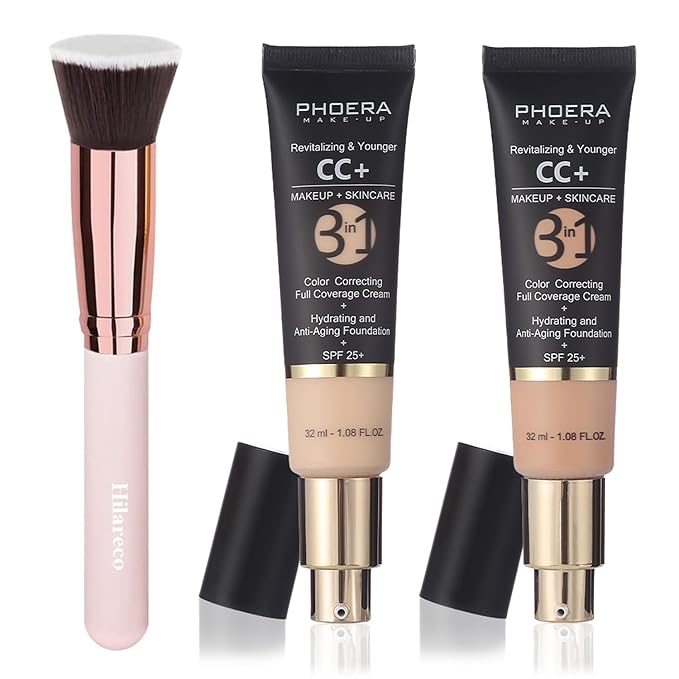 PHOERA CC Cream Foundation With SPF,PHOERA Full Coverage Foundation Color Correcting Cream,Anti Aging Hydrating Serum & SPF 25+ Sunscreen Natural Finish1.08 floz (100 Porcelain+120 Nude)