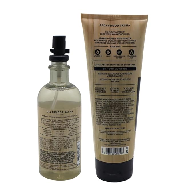 Bath & Body Works Aroma CEDARWOOD SAUNA Essential Oil Mist & Body Cream 2-piece Gift Set with a Red Bow for Holidays – Full Size