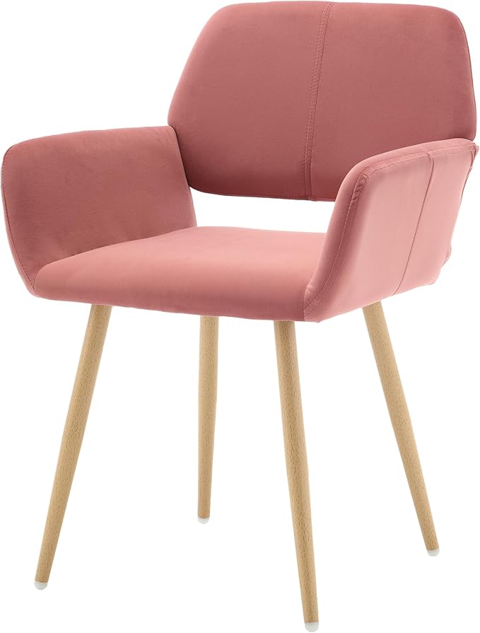 Home Office Velvet Desk Chair, Makeup Vanity Chair, Comfy Accent Armchair with Wood Grain Metal Legs, Cute Dining with Hollowed Back, Rose