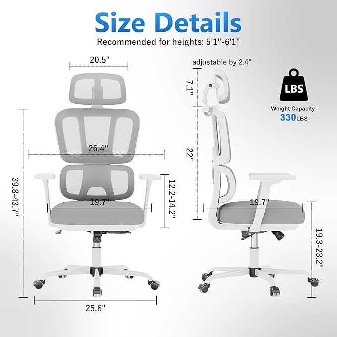 Office Chair Ergonomic Desk Chair with Lumbar Support and Headrest, Thick Cushion Mesh Computer Chair with Armrest and Tilt Lock, High Back Home Office Desk Chairs for Men Women