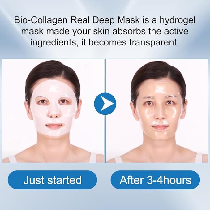Bio-Collagen Real Deep Face Mask – Korean Hydrating Overnight Hydrogel Mask for Women | Firming, Pore Minimizing & Elasticity Boost | Deep Collagen Facial Sheet for Radiant Glass Skin, 4 Pack