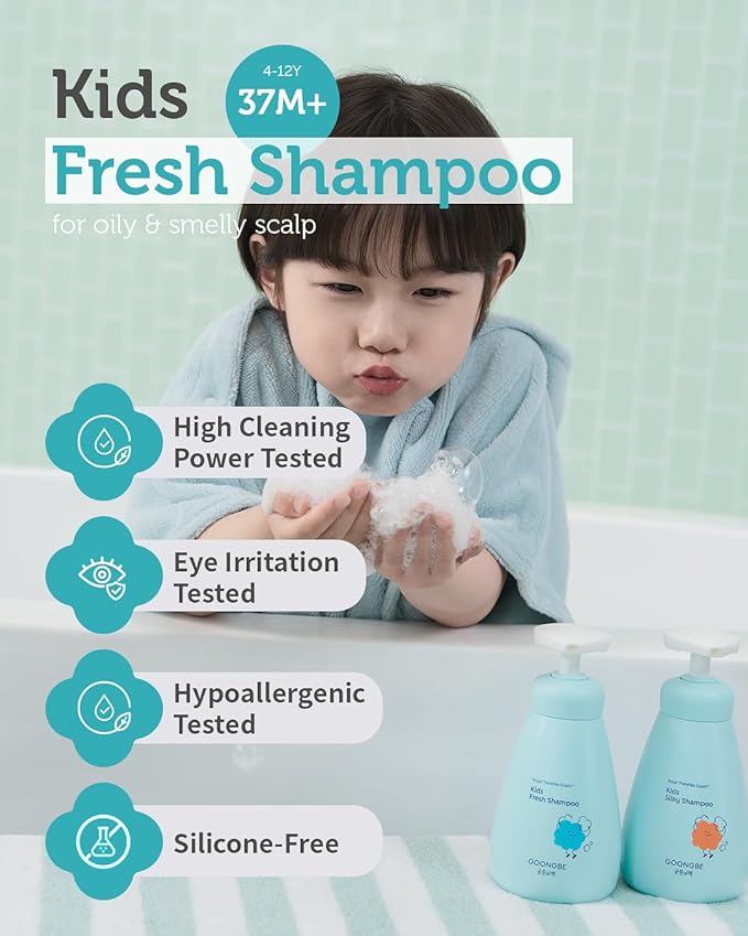 GOONGBE Kids' Fresh Shampoo - Korean Kids Scalp Purifying Shampoo - Gentle Deep Cleansing for Oily, Smelly Scalps - Low pH & Silicone-Free Formula - Allergen Free Scent, 10.1 fl.oz. 2 Pack