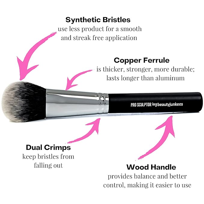 Contour Brush Bronzer Brush - Beauty Junkees Pro Sculptor Angled Makeup Brush, Cheek Hugging Soft Dome for Cheekbone Contouring, Sculpting, Blush, Cream, Powder, Liquid; Synthetic Vegan