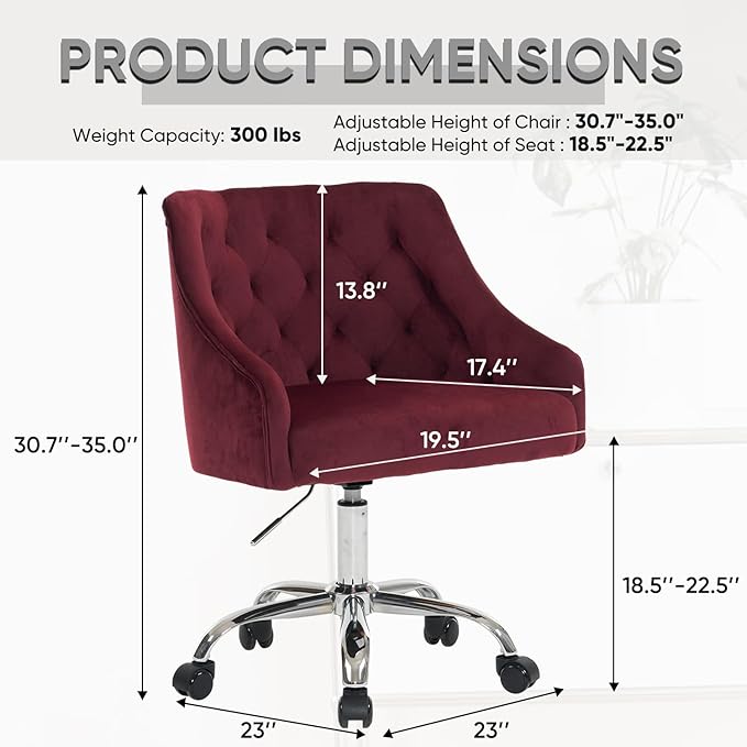 MOJAY Velvet Office Swivel Chair, Vanity Fabric Desk Pretty Fancy Gold Office Chairs for Girls, 360°Swivel Height Adjustable Reception Chair (Burgundy)