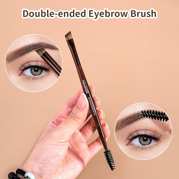 MAANGE 15 PCS Makeup Brushes Double-ended Makeup Brush Set Double Sided Angled/Round Top Brush Foundation Contour Blending Eyebrow Eyeshadow Concealer (Brown)