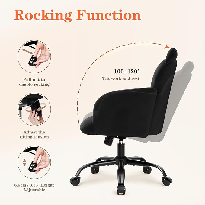 IWMH Home Office Chair Wide Seat Desk Chair Cute Velvet Swivel Vanity Chairs Cat Themed Computer Task Chairs with Wheels Upholstered Modern Accent Armchair for Living Room Bedroom Study Makeup Black