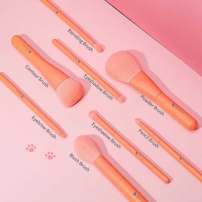 DUcare Makeup Brush Set with Case, 8 Piece Professional Sunrise Orange Brushes, Synthetic Fiber Vegan Brushes with Travel Storage Bag for Foundation Blush Contour Eyeshadow Blending Detailing