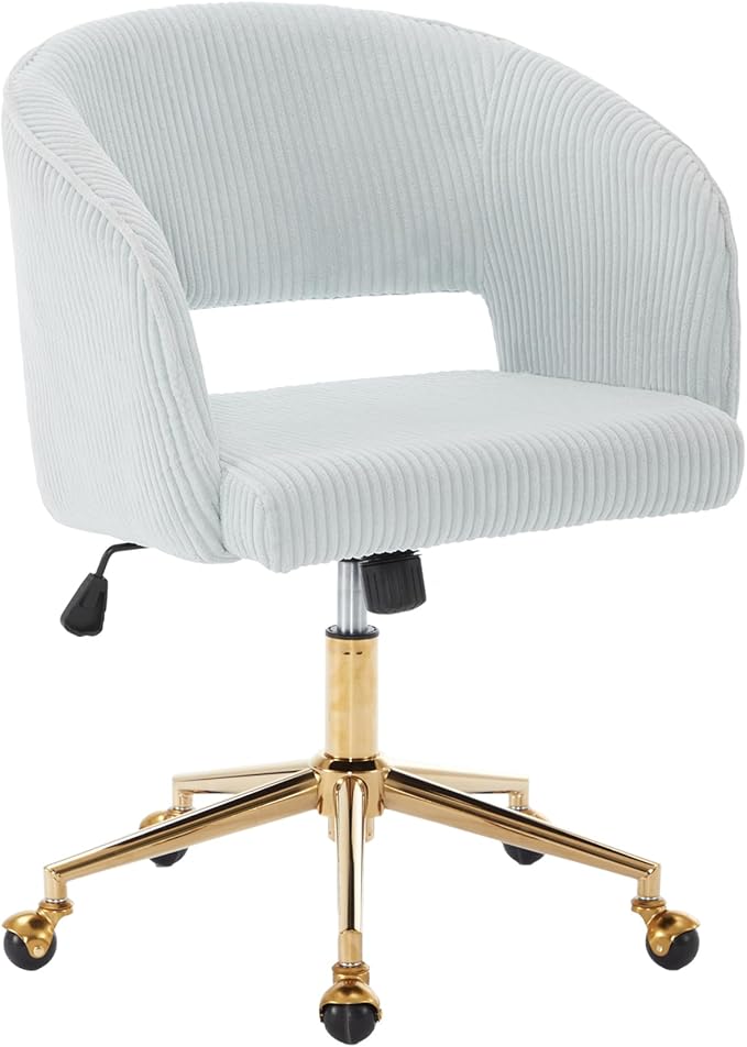 Home Office Chair Swivel Corduroy Fabric Desk Chair Accent Armchair Upholstered Tufted Chairs with Gold Base for Girls Women Ergonomic Study Seat Computer Task Stools for Living Room(Light Blue)