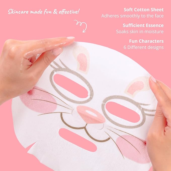 Epielle Character Face Mask Rabbit 6 Pack, Fun & Effective Korean Skin Care, Spa Party Favors, Easter Basket Stuffers, Birthday Gifts for Women, Self Care Gifts