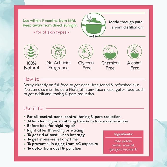 NAT-Habit Fresh Distilled Flora Rose Water, Toner, Face-Mist, Astringent & Face Spray for Oil-Control, Skin Hydration (Pack of 2, 100 ml)