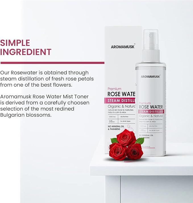 Aroma..Musk 100% Organic & Natural Rose Water for Face & Skin - 100ml (Pack of 1) | Steam Distilled Gulab Jal Spray | Natural Toner, Hydrating Mist, Facial Cleanser | Alcohol & Paraben Free