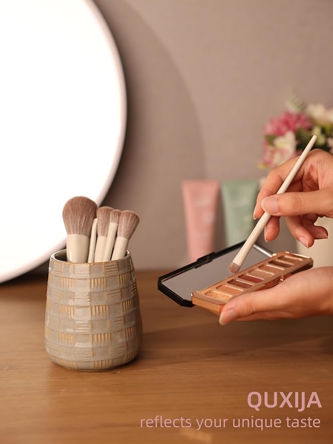 Ceramic Makeup Brush Holders, Bathroom Vanity and Countertop,Make up Brushes Cup for Cosmetics, Lipsticks, Bathroom Vanity Desktop Storage (Vintage Grey)