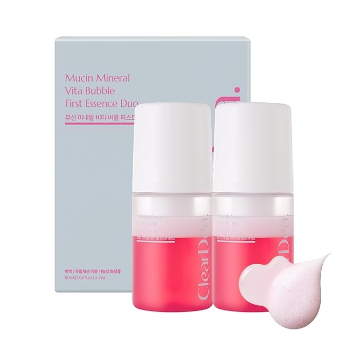 Mucin Mineral Vita Bubble First Essence Duo with Micro-Bubble Formula and 2-in-1 Toner Serum, K Beauty for Glass Skin, 4.06 Fl Oz (2.03 Fl Oz x 2ea) – Hydrating Firming, Valentine's Gifts
