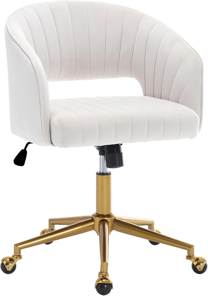 Home Office Swivel Desk Chair, Modern Velvet Vanity Chair, Height Adjustable Armchair with Gold Base, Ergonomic Office Chair for Task Study Computer Room, Beige