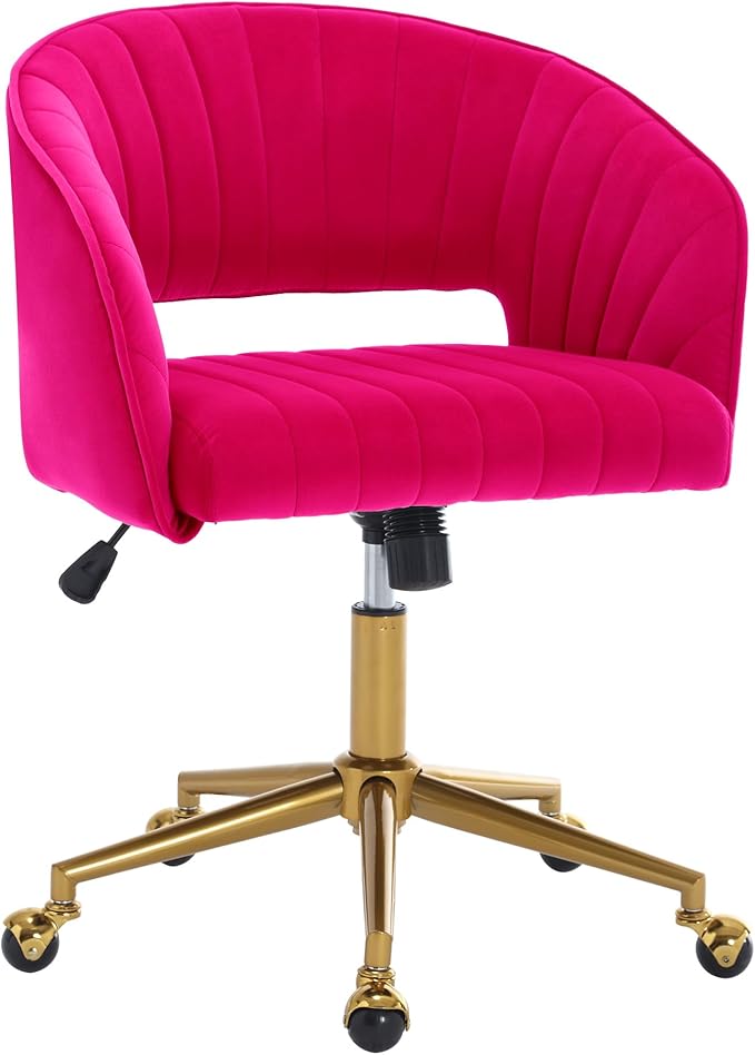Home Office Swivel Desk Chair, Modern Velvet Vanity Chair, Height Adjustable Armchair with Gold Base, Ergonomic Office Chair for Task Study Computer Room, Hot Pink