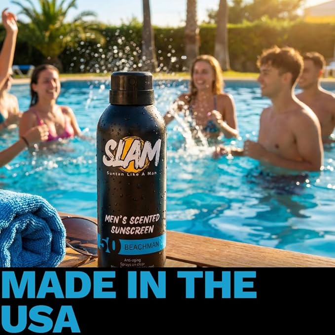 SLAM BeachMan Men's Scented Sunscreen Spray – Broad Spectrum SPF 50, Water & Sweat Resistant, Mens Sunblock, UVA/UVB Protection – Cedarwood Scented Sunblock for Body (SPF 50)