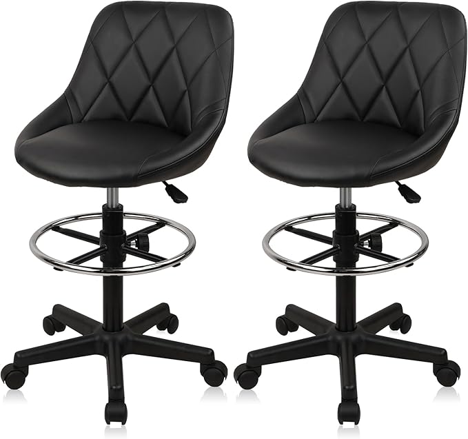 Tall Drafting Chair with Back and Wheels, Adjustable Height&Footrest Rolling Swivel Stool, Leather High Barstools for Work Shop Office Stools for Kitchen Home Bar Standing Desk, 2 Pack