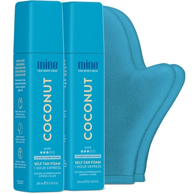 MineTan Coconut Duo Self Tan Bundle | Express 1 Hour - Includes 2 Coconut Sunless Tanner Mousses, Application Mitt, & Exfoliating Glove for Tan Removal & Prep