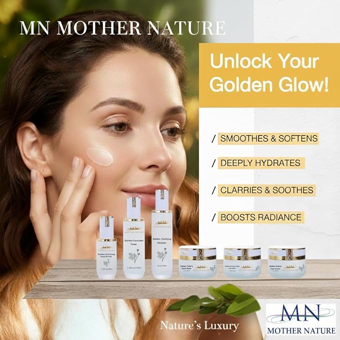MN Mother Nature Golden 5-Piece Skincare Set – Clarifying Cleanser, Lavender Toner, Serum, Fuller's Earth Mask & Aroma Cream – Botanical Extracts for Smooth, and Glowing Skin – Daily Hydration Routine