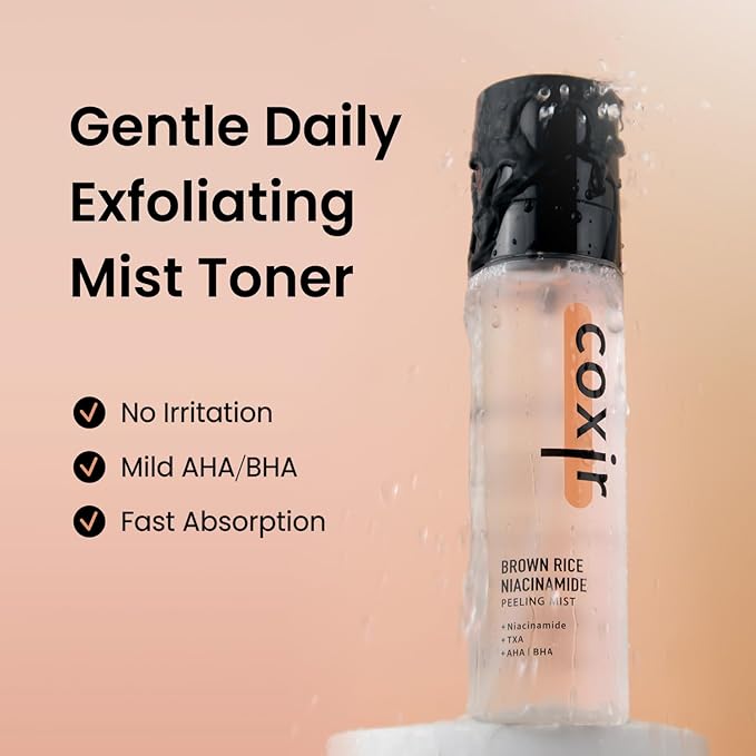 coxir Brown Rice Gentle Mist Toner – Niacinamide, TXA, AHA/BHA | Daily Mild Peeling Facial Spray for Smooth Texture & Pore Care | Korean Skincare [2.70 fl.oz]