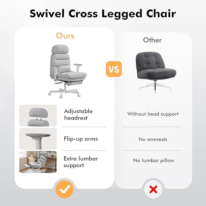 Criss Cross Chair with Wheels & Flip-up Arms, Executive Office Chair with Foot Rest, Swivel Cross Legged Office Chair with Lumbar Pillow, Corduroy Comfy Computer Desk Chair for Home, Grey