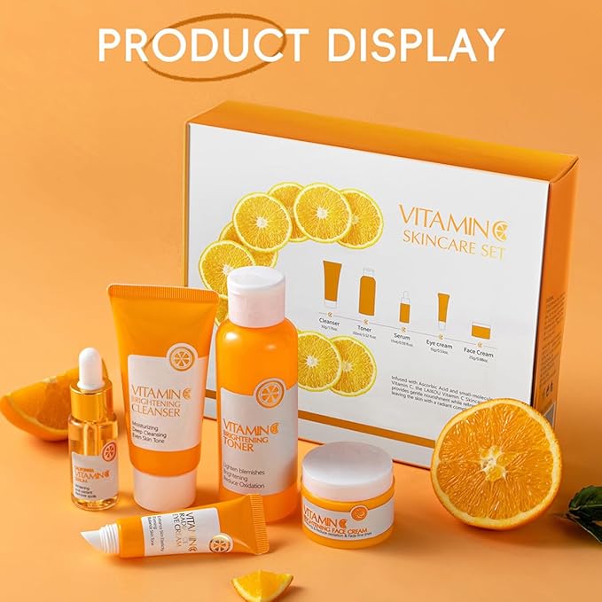5 Piece Vitamin C Skincare Set, Moisturizing Face Skin Care Kit With Facial Cleanser, Face Serum, Face Cream, Eye Cream, Toner For Hydrating Skin, Anti-Aging Skincare Gift Set For Teenage Girls