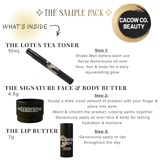 The Sample Pack - Travel Size of our 3 Signature Products - The Lip Butter, The Face & Body Butter, The Lotus Tea Toner