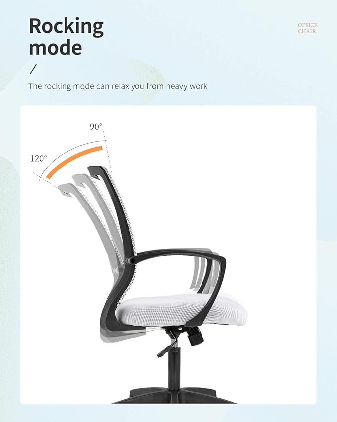Home Office Chair Mid Back PC Swivel Lumbar Support Adjustable Desk Task Computer Ergonomic Comfortable Mesh Chair with Armrest (White)