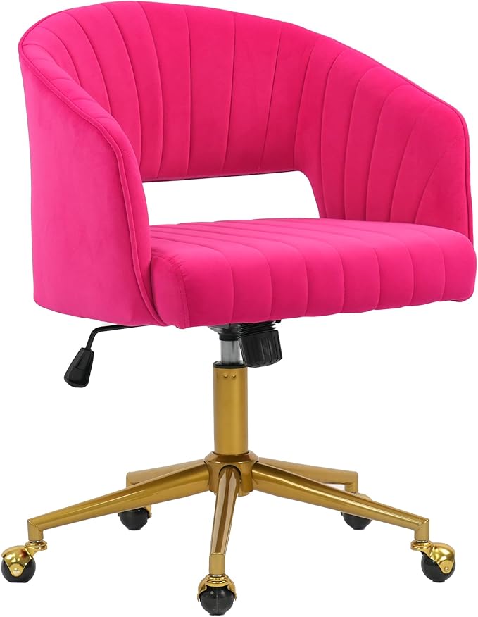 Home Office Chair Swivel Velvet Desk Chair Accent Armchair Upholstered Modern Tufted Chairs with Gold Base for Girls Women Ergonomic Study Seat Computer Task Stools for Living Room(Hot Pink)