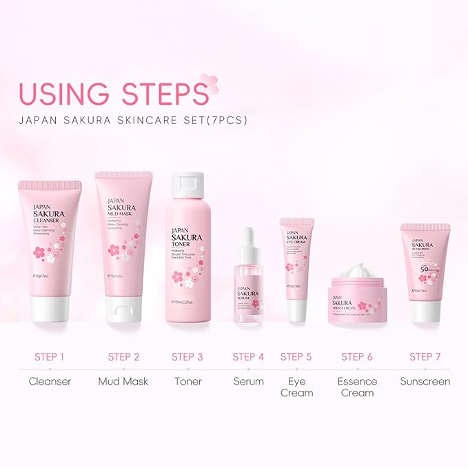 Skin Care Sets for Teenage Girls, Sakura Skin Care Sets & Kits Women Beauty Gift Set with Cleanser, Mud Mask, Toner, Serum, Eye Cream, Facial Cream, and Sunscreen, Birthday Gift for Women and Girls