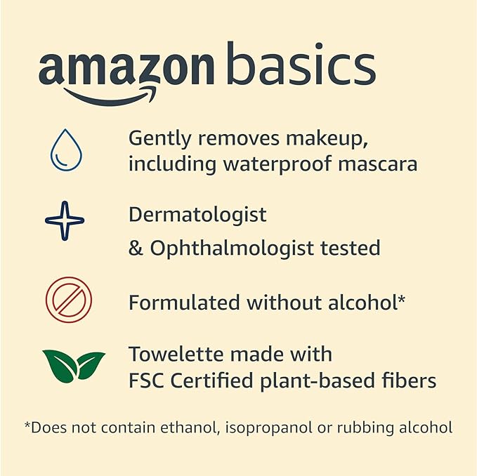Amazon Basics Makeup Remover Wipes, Gentle Facial Cleansing, Dermatologist Tested, Original, Plant-Based, Alcohol-Free, Removes Waterproof Mascara, 25 Count, 1-Pack
