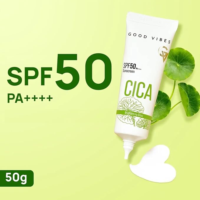 Good Vibes CICA Sunscreen SPF 50 PA++++ | Cica Extract, 3% Niacinamide, & Hyaluronic Acid | Lightweight Aqua Gel | Non-Greasy | 50g/ 1.76 Ounce