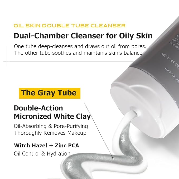 Dual-Tube Amino Acid & White Clay Face Wash - Deep Pore Cleanser for Oily Skin - Blackhead & Makeup Remover - Skincare Gifts for Her