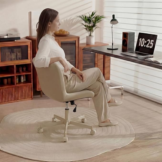 Armless Desk Chair, Morden Home Office Chair no Arms, Adjustable Height & Rocking Computer Chair, PU Leather Vanity Chair, Ergonomic Seat Soft Padded Desk Chairs for Home Small Space, Beige