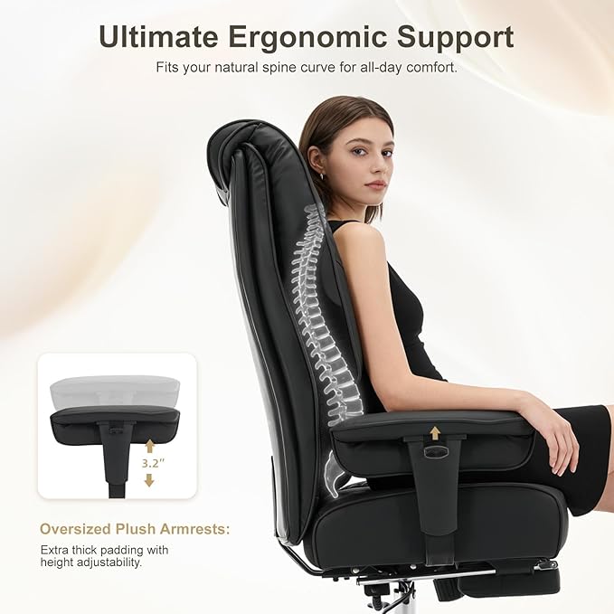 Big and Tall Office Chair 400lbs Wide Seat, Leather High Back Executive Office Chair with Foot Rest, Ergonomic Chairs Lumbar Support for Lower Back Pain Relief (Black)