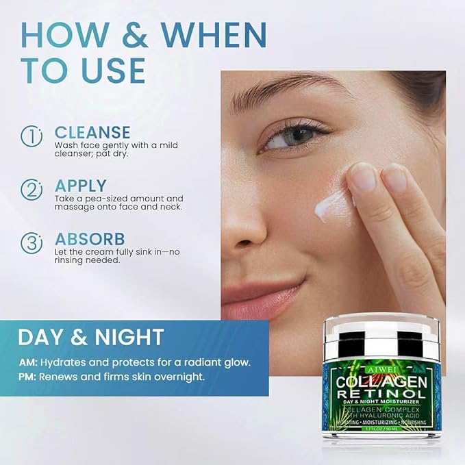 AIWEI Face Moisturizer Collagen Cream - Moisturizing, Hydrating & Recovery - Day Night Face Cream with Retinol and Hyaluronic Acid for Men & Women - 1.7 oz