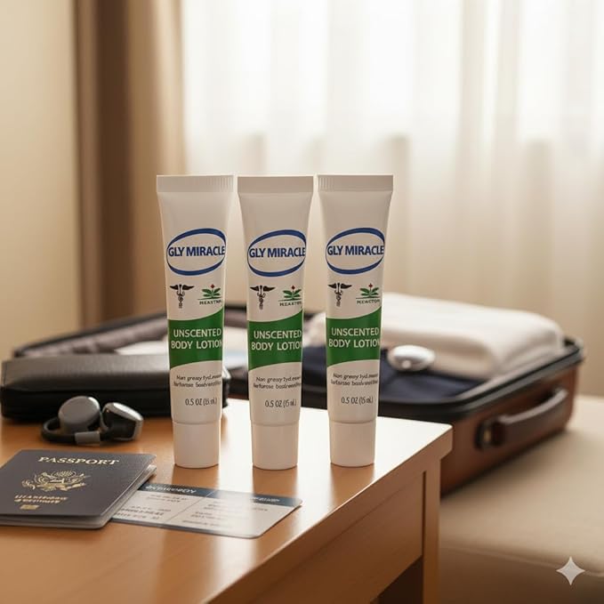 GLY MIRACLE Unscented Travel Lotion Tubes (3 Pack, 0.5 oz Each) – Non-Greasy Skin Moisturizer for Normal to Dry Skin, Deep Hydration for Hands, Body & Feet