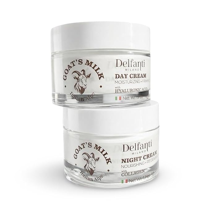 Delfanti-Milano • FULL SIZE DUO PACK • GOAT'S MILK with HYALURONIC ACID Day Cream and GOAT'S MILK with COLLAGEN Night Cream • Face and Neck Moisturizer • 2 x 1.7 oz jars • Made in Italy