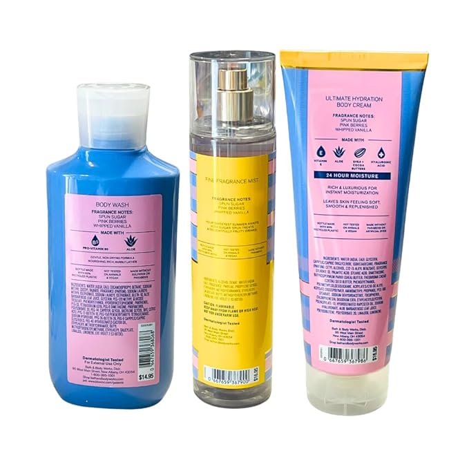 Bath & Body Works COTTON CANDY CLOUDS Fine Fragrance Mist, Ultimate Hydration Body Cream & Body Wash 3pc Gift Set with a Red Bow for Holidays – Full Size