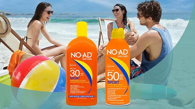 NO-AD SPF 50 SPORT Sunscreen Lotion | Hypoallergenic | Broad Spectrum UVA/UVB Protection | Water Resistant | Octinoxate & Oxybenzone Free with moisturizing Vitamin E and Aloe 3oz | Travel size
