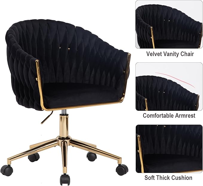 Velvet Office Chair with Hand Woven, Black Vanity Chairs with Golden Wheels, 360° Swivel Home Office Desk Chair Computer Chairs, Accent Chair Makeup Chair for Bedroom, Living Room(Black)