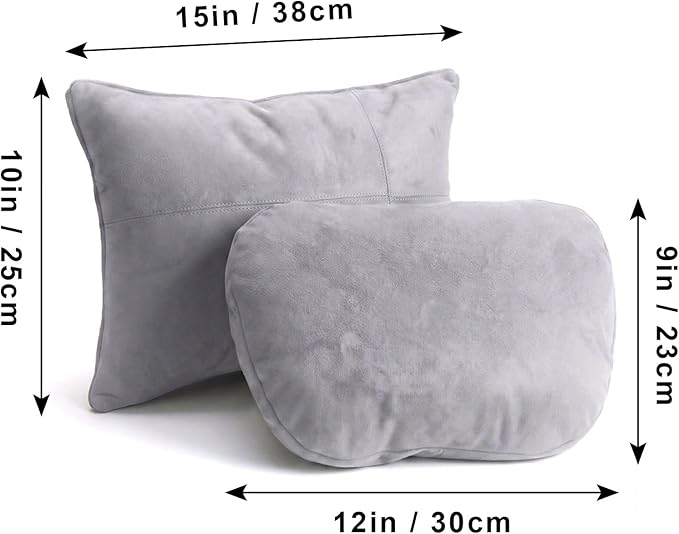 2PCS Car Pillow for Car Neck Pillow for Driving Seat Leather Neck Support Soft Cushion Back Support Head-Rests for Vehicle Sleeping with Elastic Adjustment Strap (Grey, Head and Lumbar)