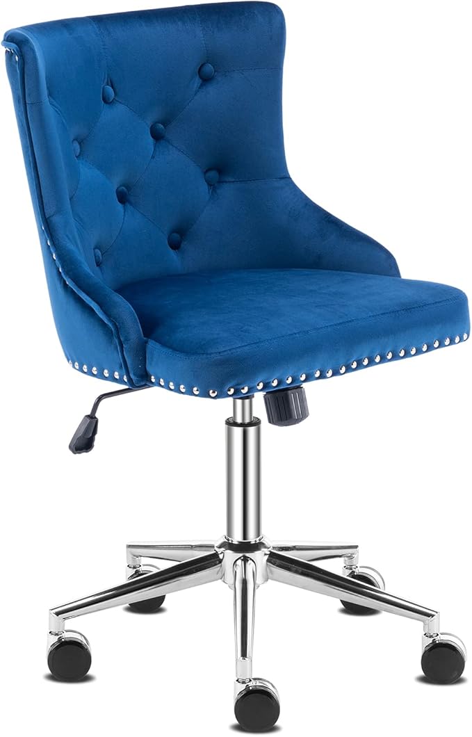 VINGLI Navy Blue Velvet Armless Home Office Desk Chair with Silver Chrome Base/Wheels, Cute Vanity/Makeup Chair with Back for Bedroom, Upholstered Adjustable Rolling Swivel Nail Chair for Women/Girls