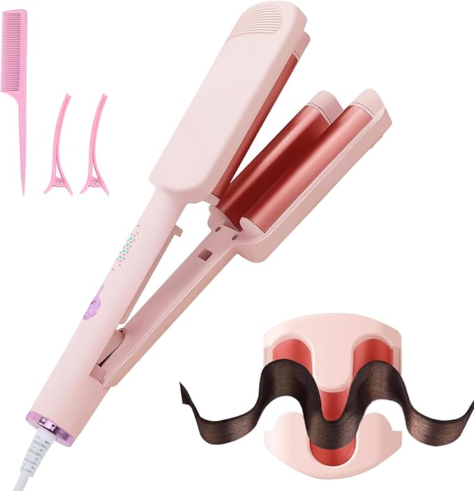 Curling Iron Hair Crimper Waver - CHIKYO 3 Barrel Rovy Wave Curling Iron, 1.25 Inch Ionic Beach Waves Curling Wand, Deep Waver Hair Curler Hot Tool with Ceramic for Women, Dual Voltage, Easy to Use