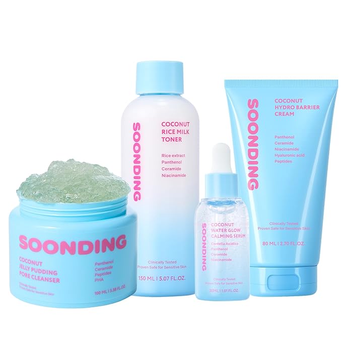 K-Beauty Glass Skin 4-Step Set - Jelly Pudding Pore Cleanser 100ml, Rice Milk Toner, Calming Serum, Barrier Cream
