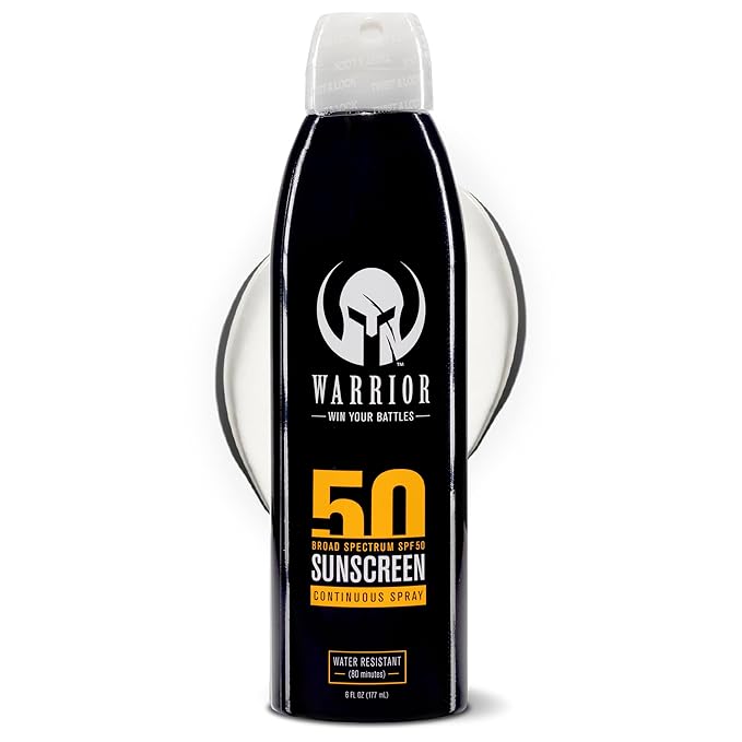 Warrior Sunscreen SPF 50 Continuous Spray - Water & Sweat Resistant Sunscreen Spray - Broad Spectrum Protection for UVA/UVB - Quick Dry Effective Formula, Field Tested – 6 Oz